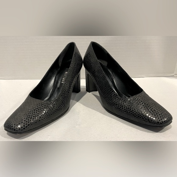 STUART WEITZMAN Black Leather Snake Print Square Toe Block Heels Women’s Size 6 - Picture 4 of 7